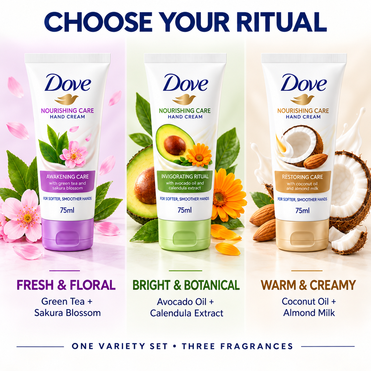 Dove hand cream variety set, 3 x 75ml