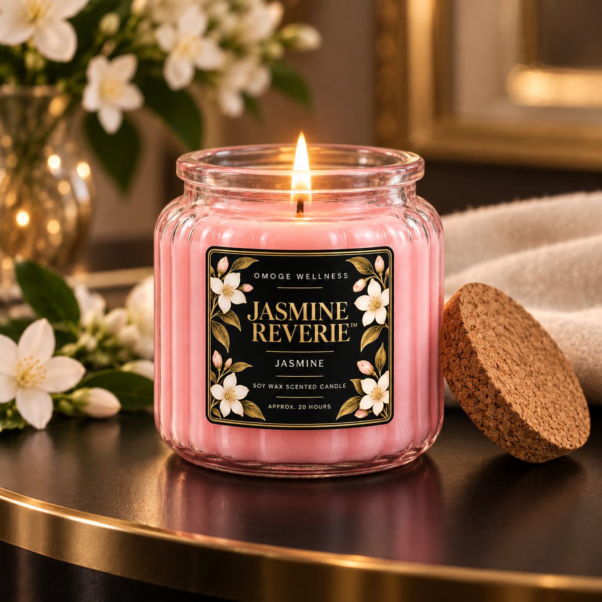 OMOGE Wellness Jasmine Reverie jasmine soy candle in glass jar with cork lid