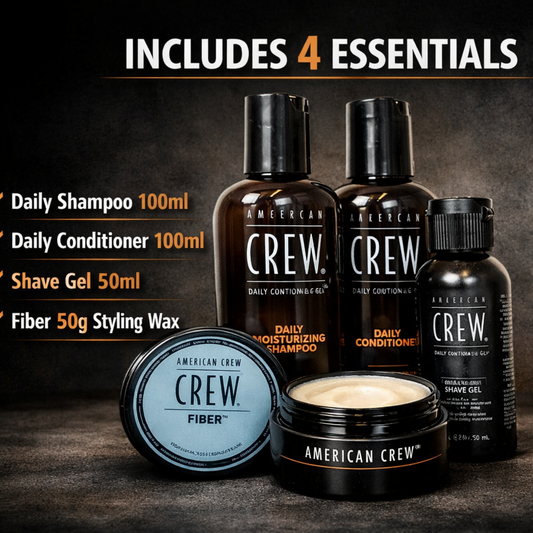 American Crew Essential Travel Kit – Shave Gel, Shampoo, Conditioner & Fiber